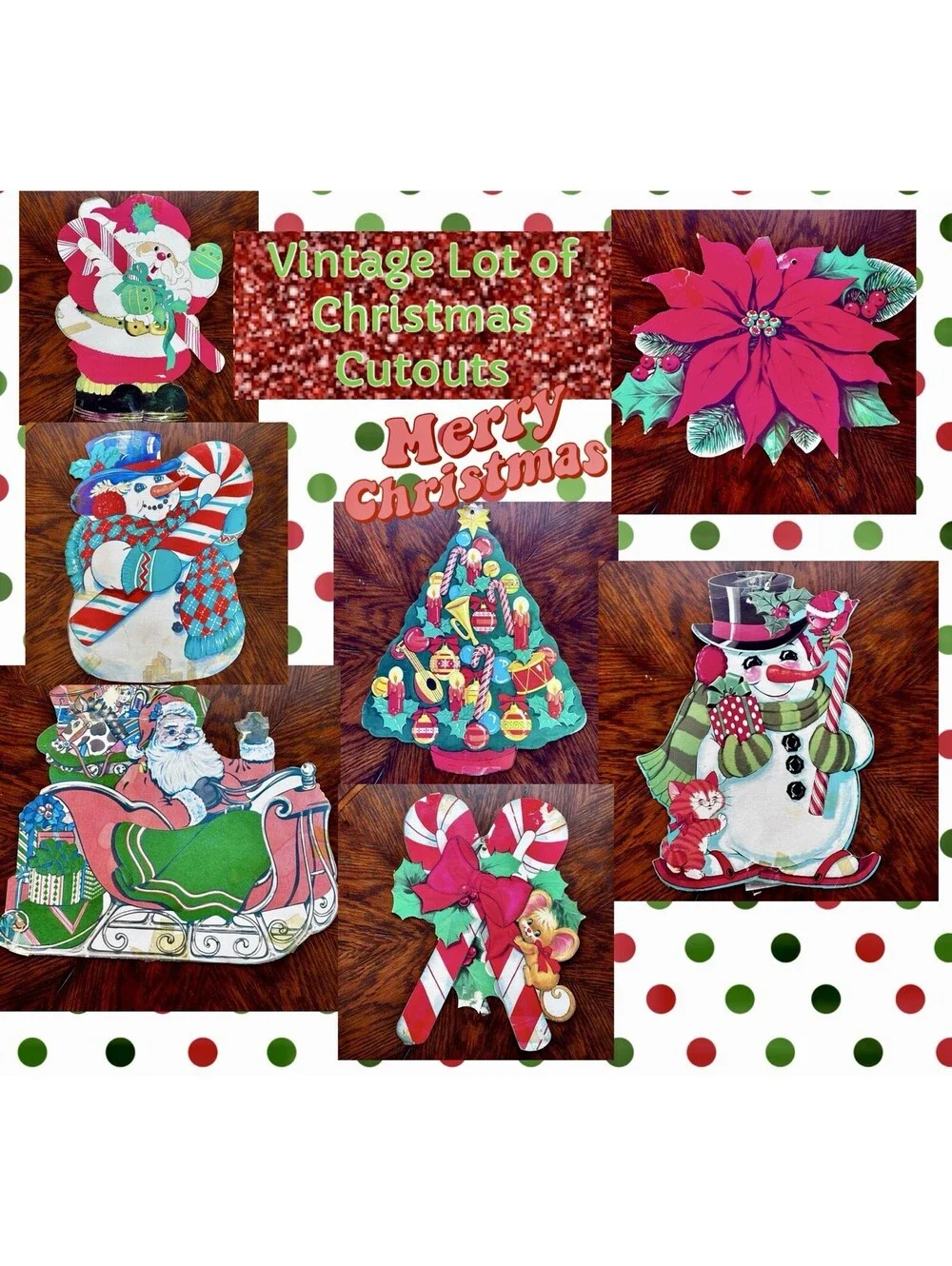 Vintage Lot 7 Cardboard Cutouts Christmas 1970s Santa Snowmen Candy Cane ~ CUTE!